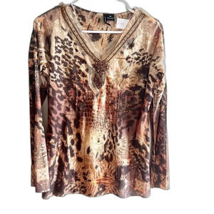 New Directions Womens PM Brown Blouse Long Sleeve V-Neck Shirt Beaded Studded